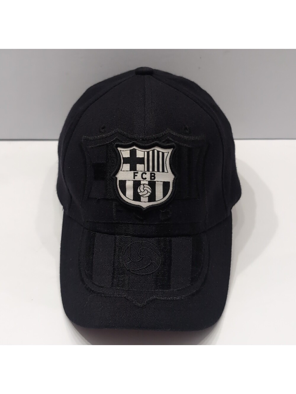 Y2K FC Barcelona Fitted Wool Hat Size L-XL Black Double Logo Vintage Licensed